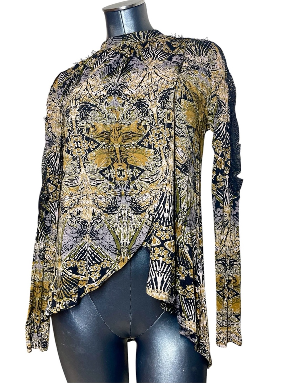Free People Boho Printed Lace Trim Asymmetrical Blouse Top Women’s XS